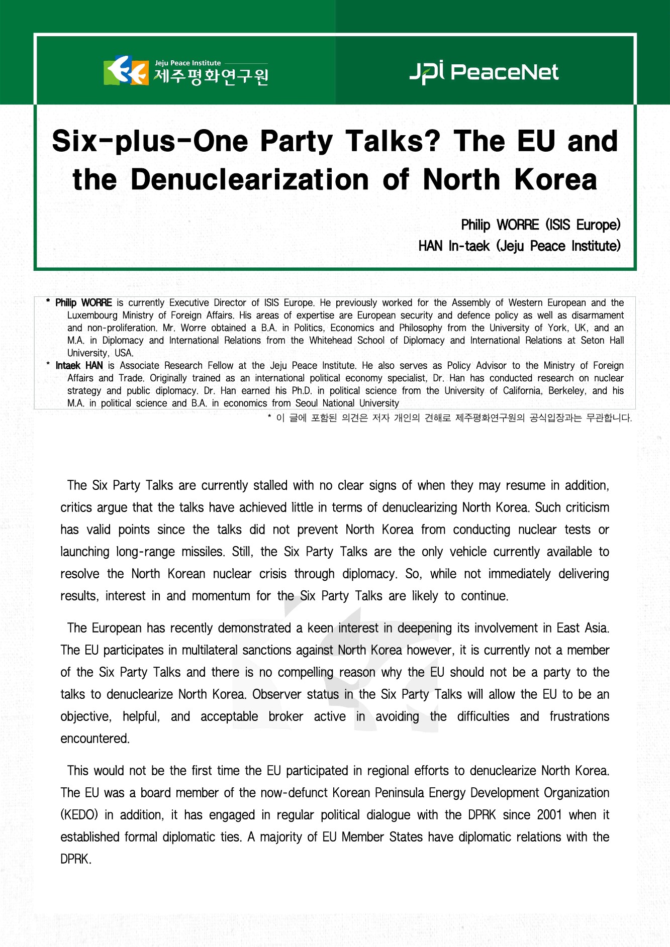 Six-plus-One Party Talks?The EU and the Denuclearization of North Korea