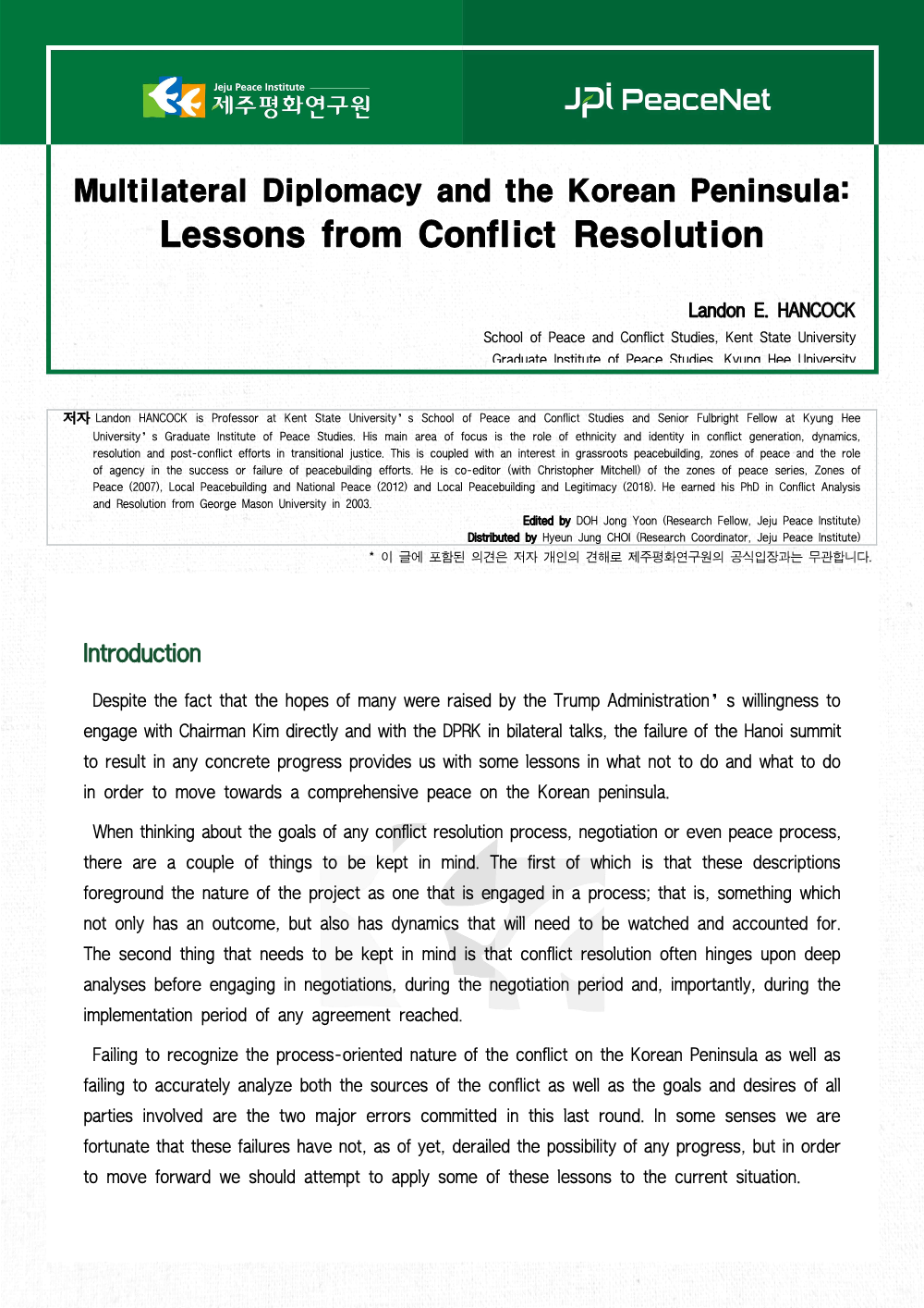 Multilateral Diplomacy and the Korean Peninsula: Lessons from Conflict Resolution