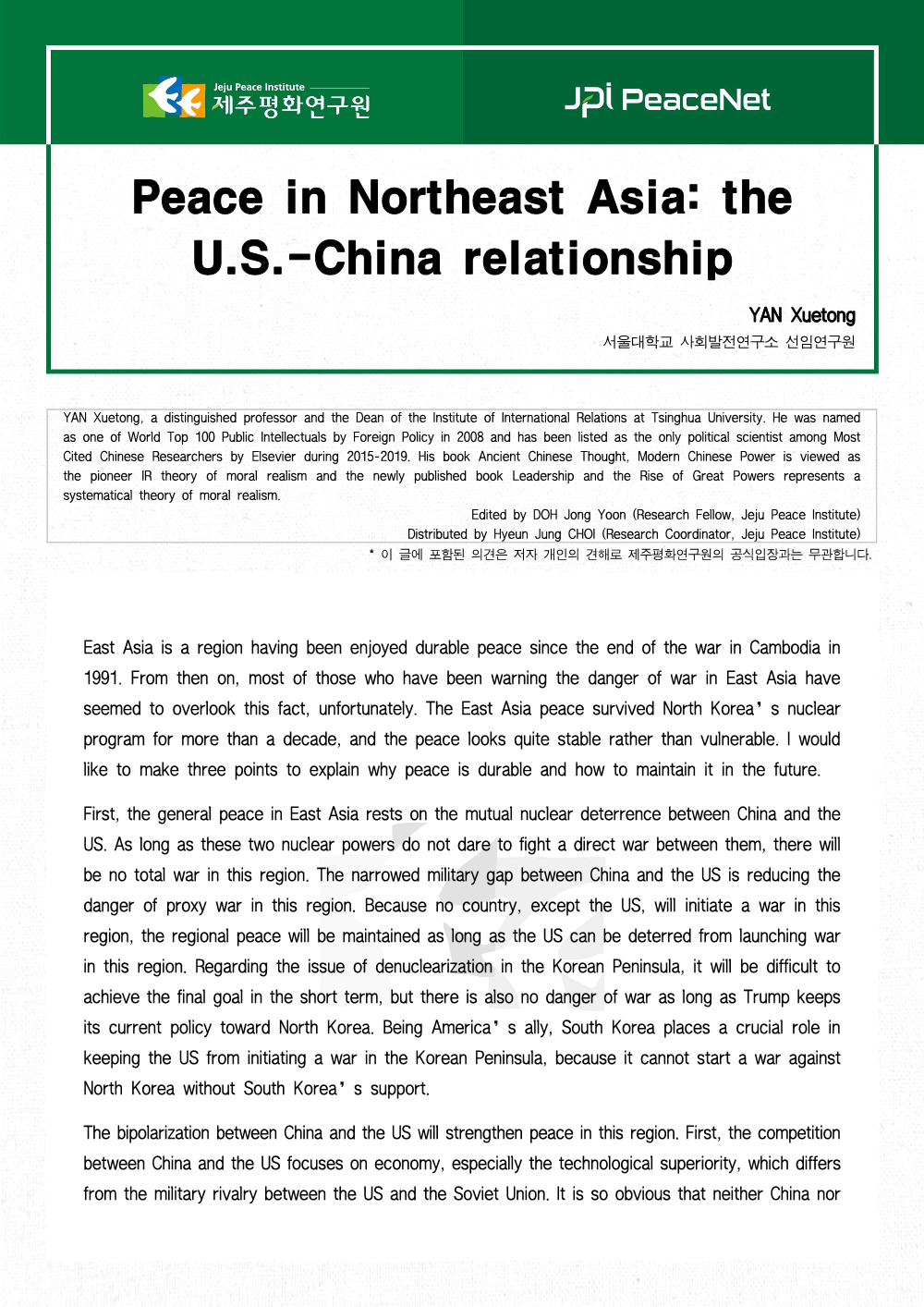 Peace in Northeast Asia: the U.S.-China relationship