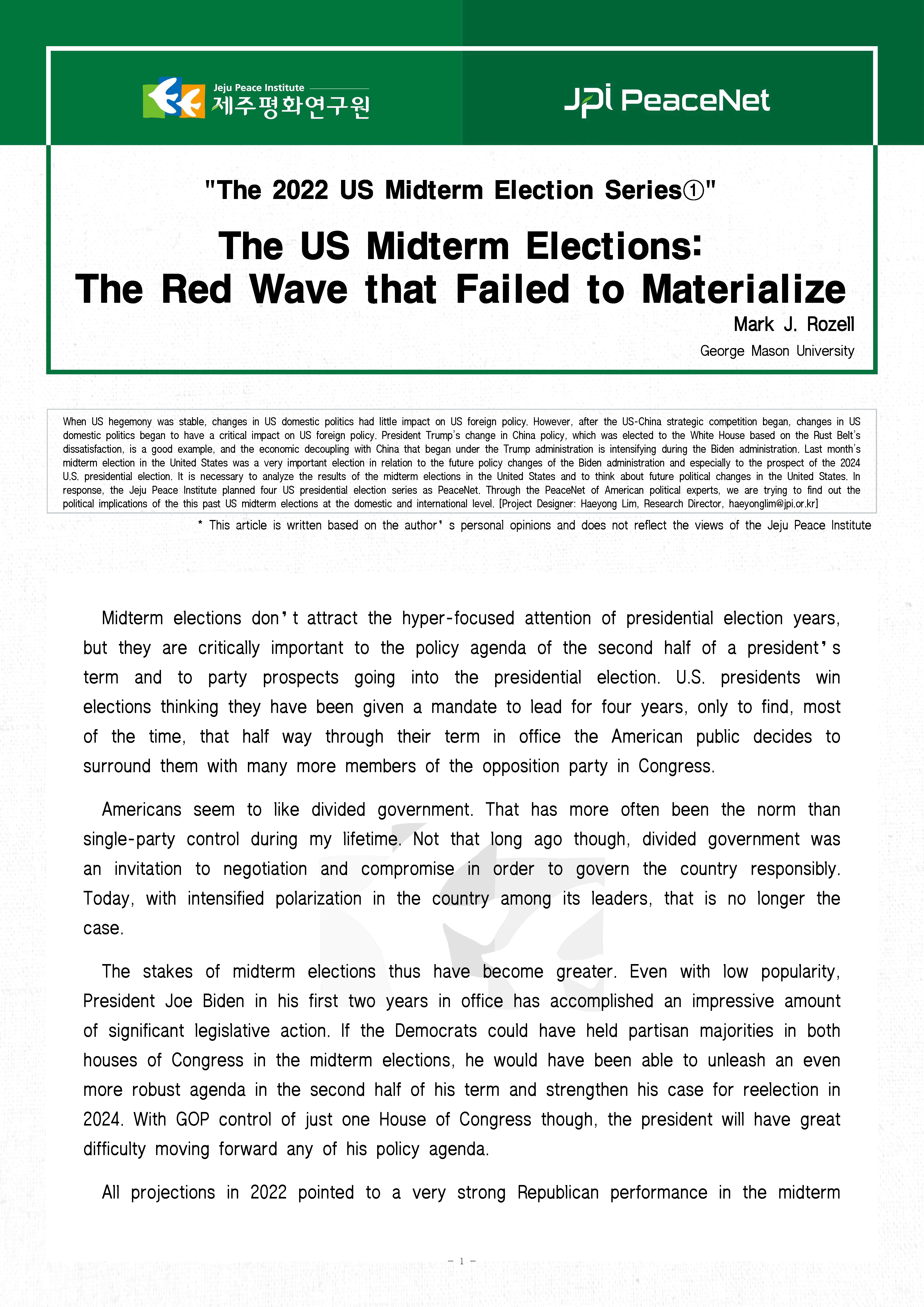 [JPI PeaceNet] The US Midterm Elections: The Red Wave that Failed to Materialize (The 2022 US Midterm Election Series ①)
