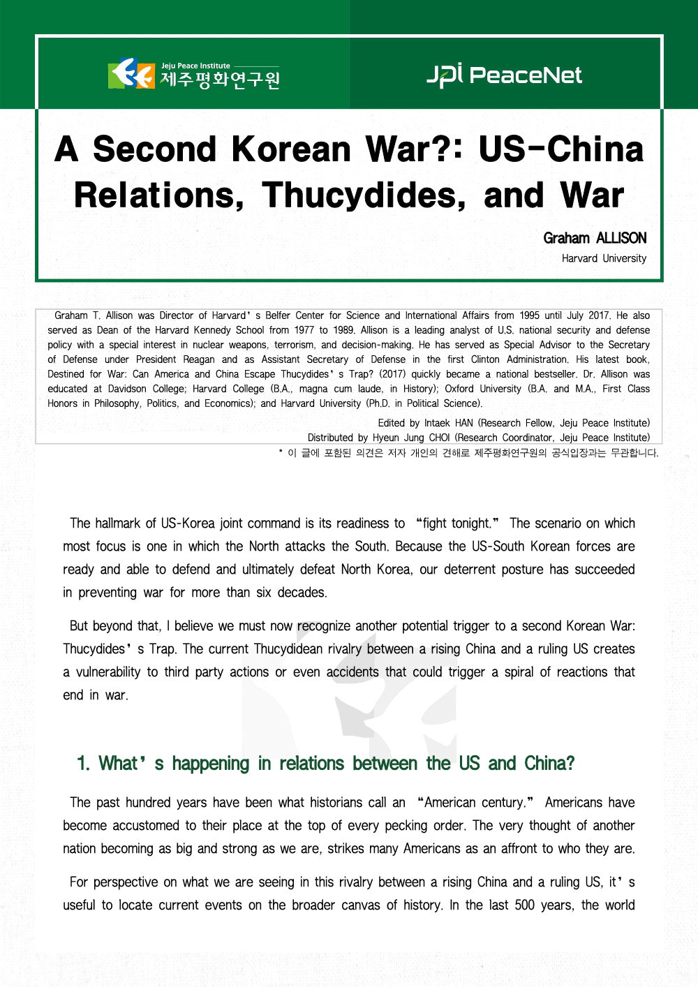 A Second Korean War?: US-China Relations, Thucydides, and War